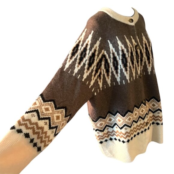 J.Crew Womens 2X Brown & Beige Geometric Fair Isle Knit Button-Up Cardigan - Picture 5 of 11